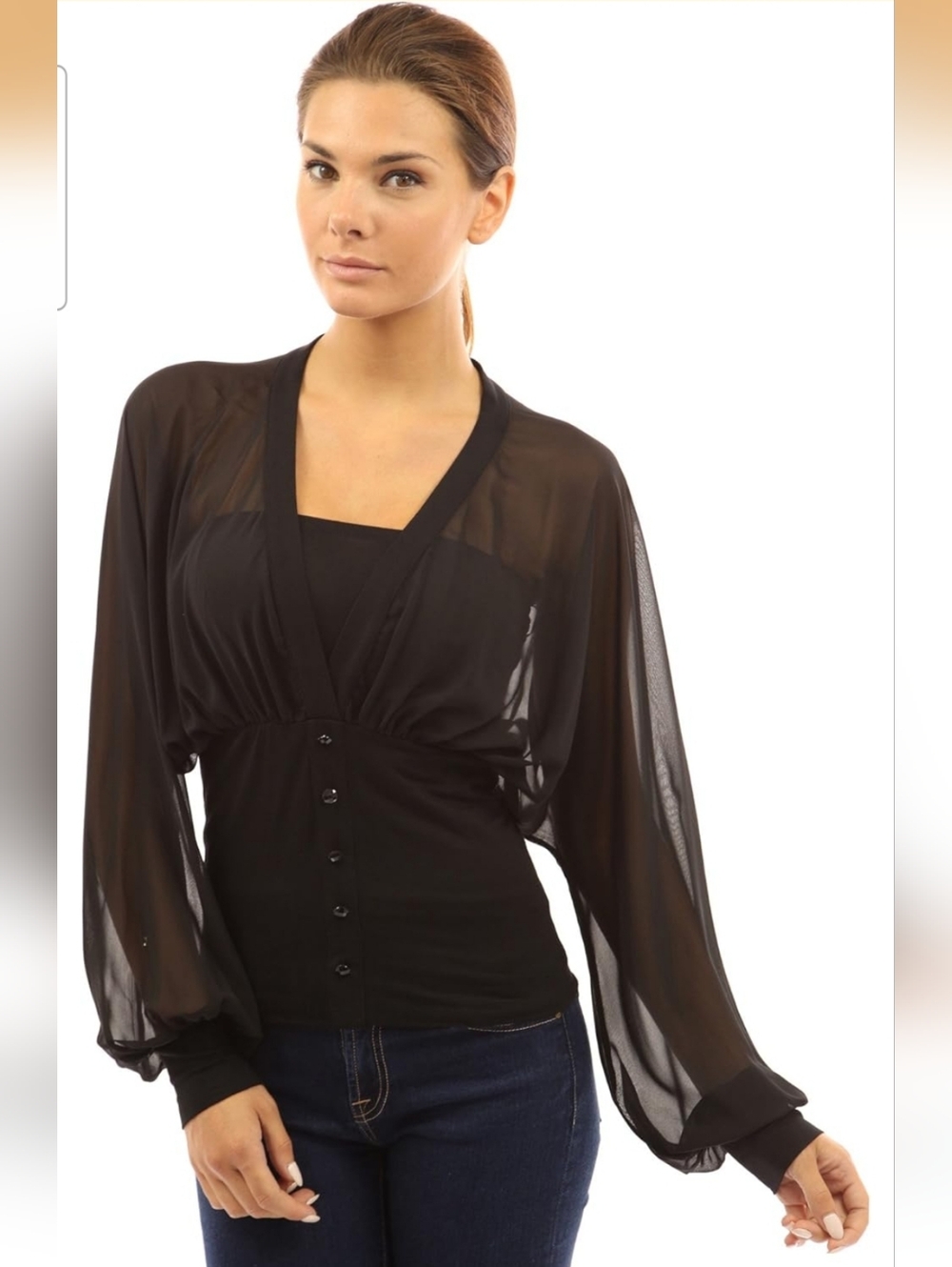 Patty Boutik Womens Chiffon Long Sleeve Fitted Elastic Waist Pullover Blouse Sm